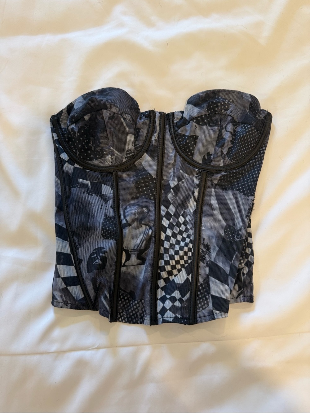 Edikted Black and Gray Patterned Bustier Crop Top
